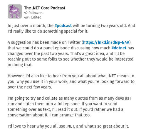 A screenshot of a LinkedIn post asking for input from the community about the evolution of .NET
